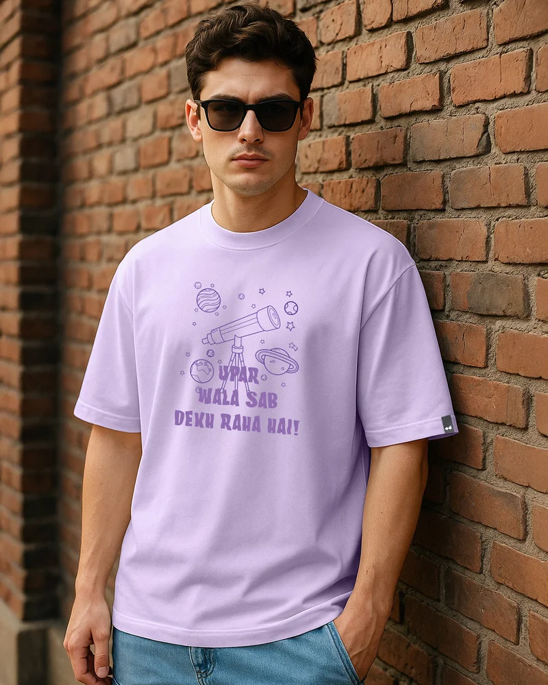 bewakoof Men's Purple Uparwala Graphic Printed Oversized T-shirt
